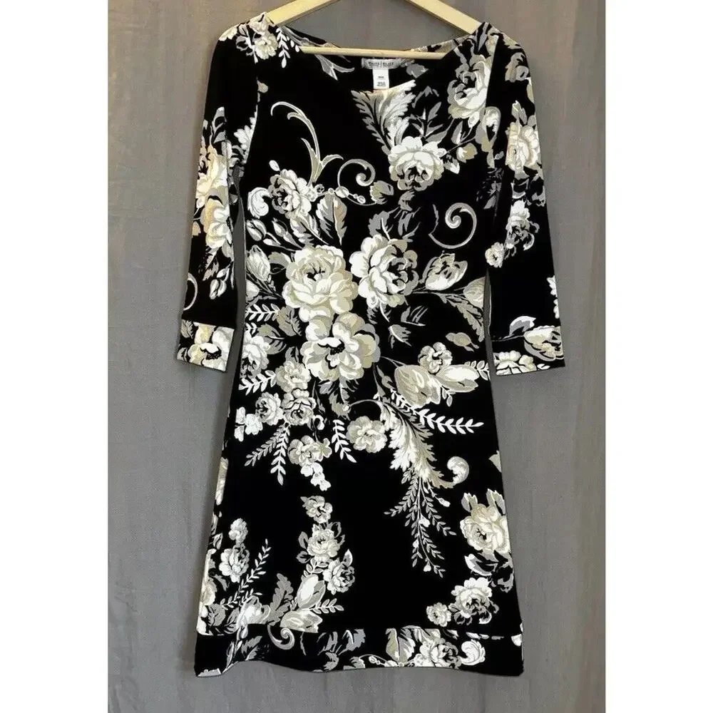 White House Black Market Dress Womens XXS Black Floral Knee Length Midi